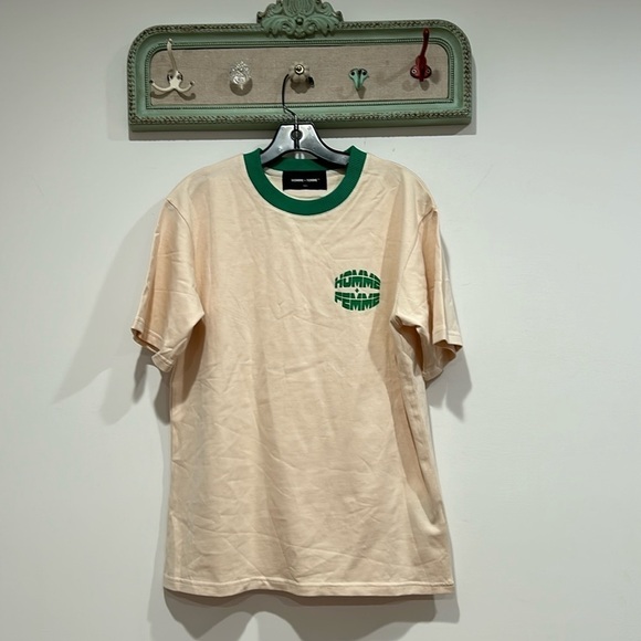 Homme + Femme Graphic short sleeve crewneck T-shirt cream and green men’s small - Picture 1 of 7